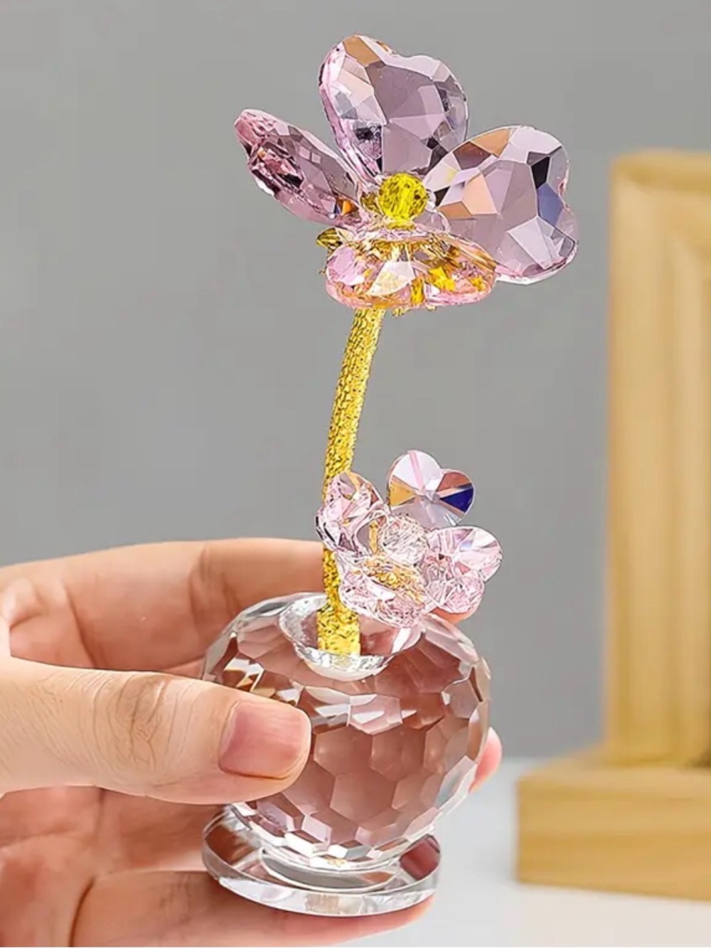 Crystal Pink Flower Ornament in Clear Vase - Home Accents Decor